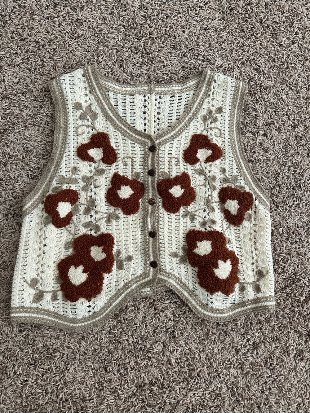 Crochet Floral Vest in Cream and Brown